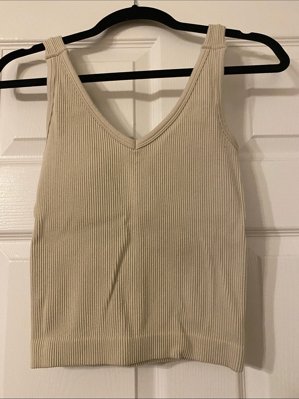 Zenana Outfitters Ribbed V-Neck Tank Top with built in bra— Beige Cream